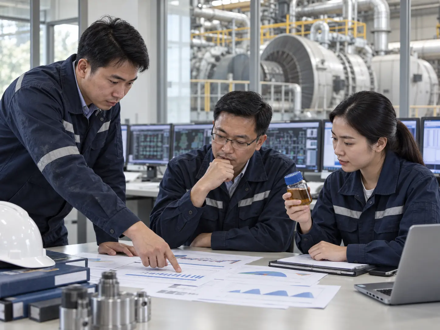 Power plant reliability engineers reviewing oil analysis trends and technical reports