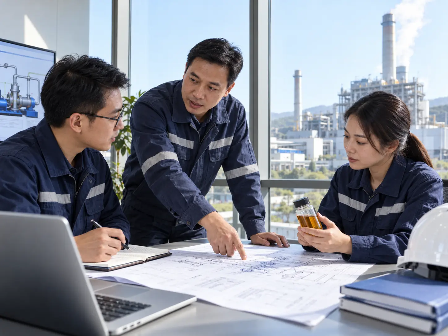 Plant manager and reliability engineers discussing lubrication-system requirements